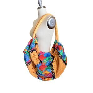 90s VTG Handmade Quilted Hobo Bag Colorful Patchwork Boho Tote Frog Fish
